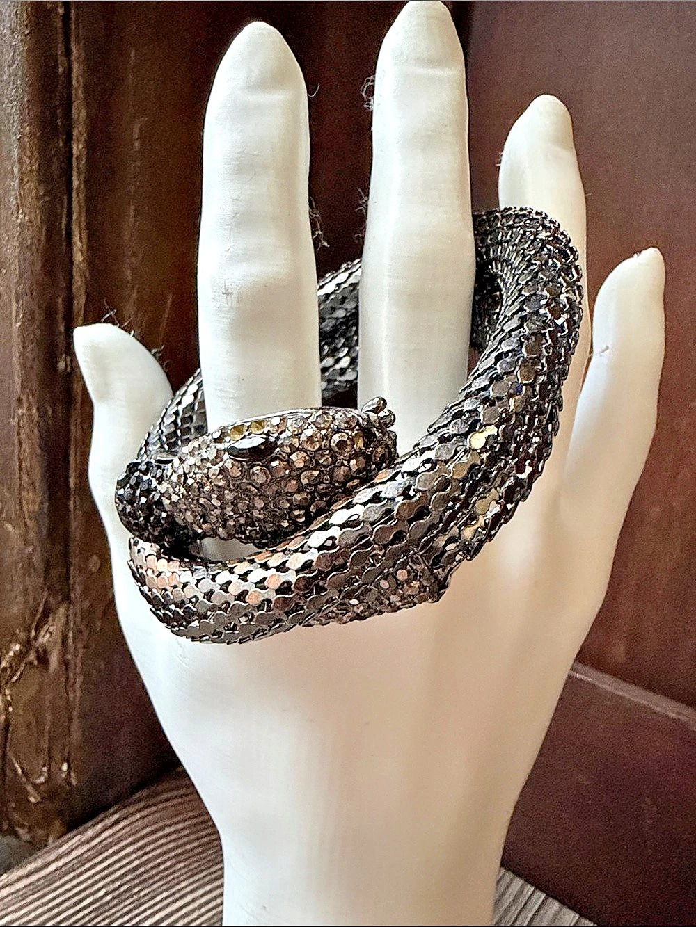 Mesh SNAKE  Crystal Wrap Bracelet in Black & Silver Like New